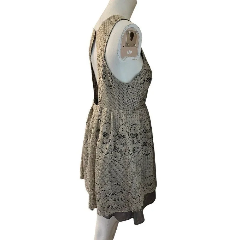 Free People Size 10 Taupe Rocco Open Back Lace Overlay Sleeveless Dress